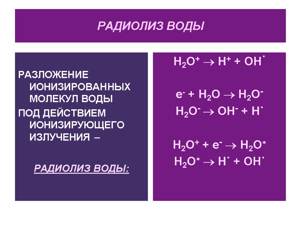 РАДИОЛИЗ ВОДЫ РАЗЛОЖЕНИЕ ИОНИЗИРОВАННЫХ МОЛЕКУЛ ВОДЫ ПОД ДЕЙСТВИЕМ ИОНИЗИРУЮЩЕГО ИЗЛУЧЕНИЯ – РАДИОЛИЗ ВОДЫ: H2O+